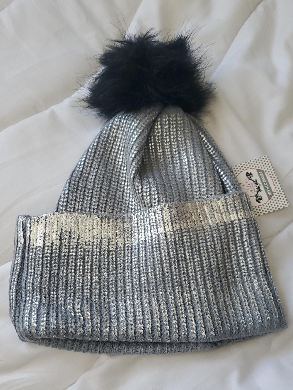 Chloe Silver Knit Beanie with Black Pom Accent